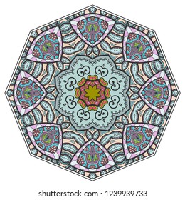 Mandala flower decoration, hand drawn round ornament, isolated design element on a white background. Vector geometric floral pattern. Tribal ethnic fashion motif for paper, textile, cloth fabric print
