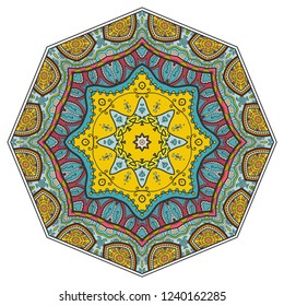Mandala flower decoration, hand drawn round ornament, isolated design element on a white background. Vector geometric floral pattern. Tribal ethnic fashion motif for paper, textile, cloth fabric print