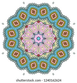 Mandala flower decoration, hand drawn round ornament, isolated design element on a white background. Vector geometric floral pattern. Tribal ethnic fashion motif for paper, textile, cloth fabric print