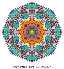 Mandala flower decoration, hand drawn round ornament, isolated design element on a white background. Vector geometric floral pattern. Tribal ethnic fashion motif for paper, textile, cloth fabric print