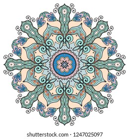 Mandala flower decoration, hand drawn round ornament, isolated design element on a white background. Vector geometric floral pattern. Tribal ethnic fashion motif for paper, textile, cloth fabric print