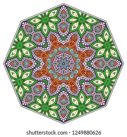 Mandala flower decoration, hand drawn round ornament, isolated design element on a white background. Vector geometric floral pattern. Tribal ethnic fashion motif for paper, textile, cloth fabric print