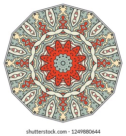 Mandala flower decoration, hand drawn round ornament, isolated design element on a white background. Vector geometric floral pattern. Tribal ethnic fashion motif for paper, textile, cloth fabric print