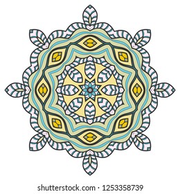 Mandala flower decoration, hand drawn round ornament, isolated design element on a white background. Vector geometric floral pattern. Tribal ethnic fashion motif for paper, textile, cloth fabric print