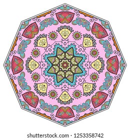 Mandala flower decoration, hand drawn round ornament, isolated design element on a white background. Vector geometric floral pattern. Tribal ethnic fashion motif for paper, textile, cloth fabric print
