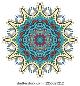 Mandala flower decoration, hand drawn round ornament, isolated design element on a white background. Vector geometric floral pattern. Tribal ethnic fashion motif for paper, textile.