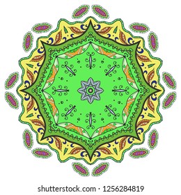 Mandala flower decoration, hand drawn round ornament, isolated design element on a white background. Vector geometric floral pattern. Tribal ethnic fashion motif for paper, textile, cloth fabric print