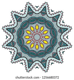 Mandala flower decoration, hand drawn round ornament, isolated design element on a white background. Vector geometric floral pattern. Tribal ethnic fashion motif for paper, textile, cloth fabric print