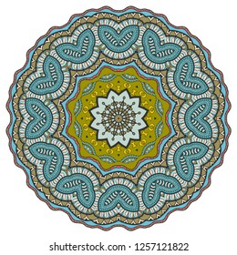 Mandala flower decoration, hand drawn round ornament, isolated design element on a white background. Vector geometric floral pattern. Tribal ethnic fashion motif for paper, textile, cloth fabric print