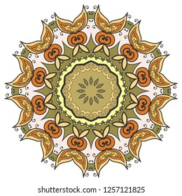 Mandala flower decoration, hand drawn round ornament, isolated design element on a white background. Vector geometric floral pattern. Tribal ethnic fashion motif for paper, textile, cloth fabric print