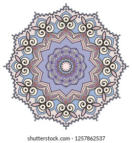 Mandala flower decoration, hand drawn round ornament, isolated design element on a white background. Vector geometric floral pattern. Tribal ethnic fashion motif for paper, textile, cloth fabric print