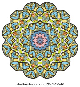 Mandala flower decoration, hand drawn round ornament, isolated design element on a white background. Vector geometric floral pattern. Tribal ethnic fashion motif for paper, textile, cloth fabric print