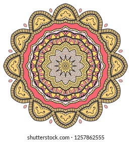 Mandala flower decoration, hand drawn round ornament, isolated design element on a white background. Vector geometric floral pattern. Tribal ethnic fashion motif for paper, textile, cloth fabric print