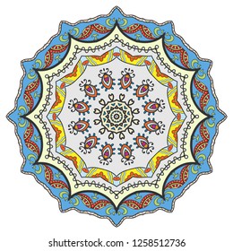 Mandala flower decoration, hand drawn round ornament, isolated design element on a white background. Vector geometric floral pattern. Tribal ethnic fashion motif for paper, textile, cloth fabric print