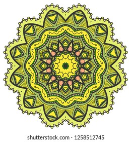 Mandala flower decoration, hand drawn round ornament, isolated design element on a white background. Vector geometric floral pattern. Tribal ethnic fashion motif for paper, textile, cloth fabric print