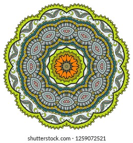 Mandala flower decoration, hand drawn round ornament, isolated design element on a white background. Vector geometric floral pattern. Tribal ethnic fashion motif for paper, textile, cloth fabric print