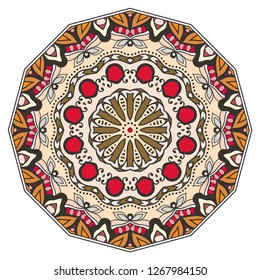 Mandala flower decoration, hand drawn round ornament, isolated design element on a white background. Vector geometric floral pattern. Tribal ethnic fashion motif for paper, textile, cloth fabric print