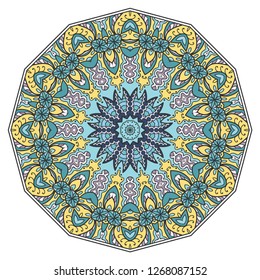 Mandala flower decoration, hand drawn round ornament, isolated design element on a white background. Vector geometric floral pattern. Tribal ethnic fashion motif for paper, textile, cloth fabric print