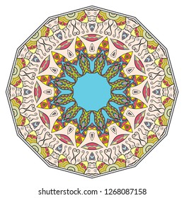 Mandala flower decoration, hand drawn round ornament, isolated design element on a white background. Vector geometric floral pattern. Tribal ethnic fashion motif for paper, textile, cloth fabric print