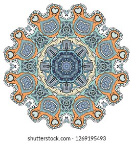 Mandala flower decoration, hand drawn round ornament, isolated design element on a white background. Vector geometric floral pattern. Tribal ethnic fashion motif for paper, textile, cloth fabric print