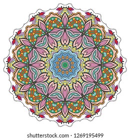 Mandala flower decoration, hand drawn round ornament, isolated design element on a white background. Vector geometric floral pattern. Tribal ethnic fashion motif for paper, textile, cloth fabric print