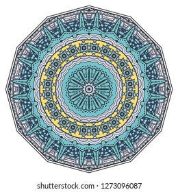 Mandala flower decoration, hand drawn round ornament, isolated design element on a white background. Vector geometric floral pattern. Tribal ethnic fashion motif for paper, textile, cloth fabric print