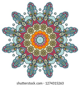 Mandala flower decoration, hand drawn round ornament, isolated design element on a white background. Vector geometric floral pattern. Tribal ethnic fashion motif for paper, textile, cloth fabric print