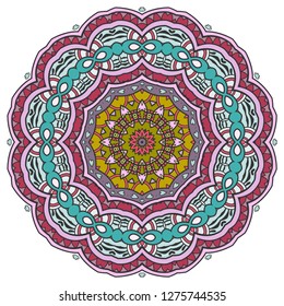 Mandala flower decoration, hand drawn round ornament, isolated design element on a white background. Vector geometric floral pattern. Tribal ethnic fashion motif for paper, textile, cloth fabric print