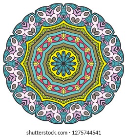 Mandala flower decoration, hand drawn round ornament, isolated design element on a white background. Vector geometric floral pattern. Tribal ethnic fashion motif for paper, textile, cloth fabric print