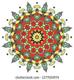 Mandala flower decoration, hand drawn round ornament, isolated design element on a white background. Vector geometric floral pattern. Tribal ethnic fashion motif for paper, textile, cloth fabric print