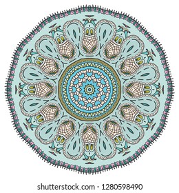 Mandala flower decoration, hand drawn round ornament, isolated design element on a white background. Vector geometric floral pattern. Tribal ethnic fashion motif for paper, textile, cloth fabric print