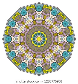 Mandala flower decoration, hand drawn round ornament, isolated design element on a white background. Vector geometric floral pattern. Tribal ethnic fashion motif for paper, textile, cloth fabric print