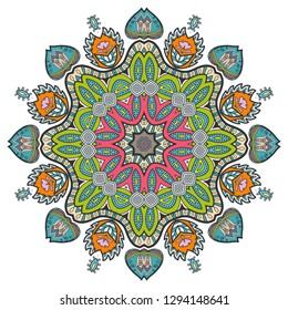 Mandala flower decoration, hand drawn round ornament, isolated design element on a white background. Vector geometric floral pattern. Tribal ethnic fashion motif for paper, textile, cloth fabric print