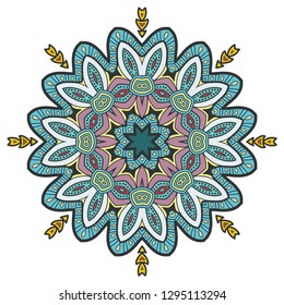 Mandala flower decoration, hand drawn round ornament, isolated design element on a white background. Vector geometric floral pattern. Tribal ethnic fashion motif for paper, textile, cloth fabric print
