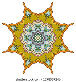 Mandala flower decoration, hand drawn round ornament, isolated design element on a white background. Vector geometric floral pattern. Tribal ethnic fashion motif for paper, textile, cloth fabric print