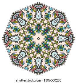 Mandala flower decoration, hand drawn round ornament, isolated design element on a white background. Vector geometric floral pattern. Tribal ethnic fashion motif for paper, textile, cloth fabric print