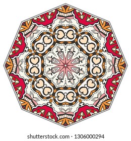 Mandala flower decoration, hand drawn round ornament, isolated design element on a white background. Vector geometric floral pattern. Tribal ethnic fashion motif for paper, textile, cloth fabric print