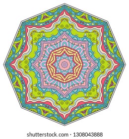 Mandala flower decoration, hand drawn round ornament, isolated design element on a white background. Vector geometric floral pattern. Tribal ethnic fashion motif for paper, textile, cloth fabric print