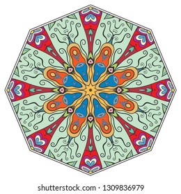 Mandala flower decoration, hand drawn round ornament, isolated design element on a white background. Vector geometric floral pattern. Tribal ethnic fashion motif for paper, textile, cloth fabric print
