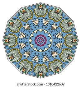 Mandala flower decoration, hand drawn round ornament, isolated design element on a white background. Vector geometric floral pattern. Tribal ethnic fashion motif for paper, textile, cloth fabric print