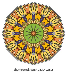 Mandala flower decoration, hand drawn round ornament, isolated design element on a white background. Vector geometric floral pattern. Tribal ethnic fashion motif for paper, textile, cloth fabric print