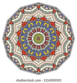 Mandala flower decoration, hand drawn round ornament, isolated design element on a white background. Vector geometric floral pattern. Tribal ethnic fashion motif for paper, textile, cloth fabric print