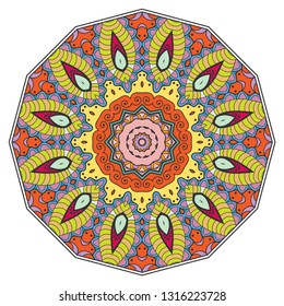Mandala flower decoration, hand drawn round ornament, isolated design element on a white background. Vector geometric floral pattern. Tribal ethnic fashion motif for paper, textile, cloth fabric print