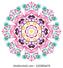Mandala flower decoration, hand drawn round ornament, isolated design element on a white background. Vector geometric floral pattern. Tribal ethnic fashion motif for paper, textile, cloth fabric print