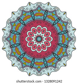 Mandala flower decoration, hand drawn round ornament, isolated design element on a white background. Vector geometric floral pattern. Tribal ethnic fashion motif for paper, textile, cloth fabric print