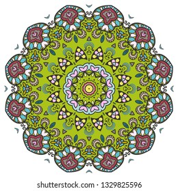 Mandala flower decoration, hand drawn round ornament, isolated design element on a white background. Vector geometric floral pattern. Tribal ethnic fashion motif for paper, textile, cloth fabric print