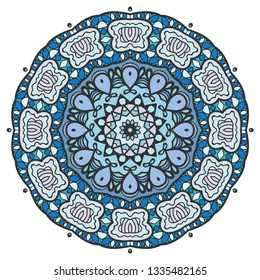 Mandala flower decoration, hand drawn round ornament, isolated design element on a white background. Vector geometric floral pattern. Tribal ethnic fashion motif for paper, textile, cloth fabric print