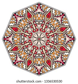 Mandala flower decoration, hand drawn round ornament, isolated design element on a white background. Vector geometric floral pattern. Tribal ethnic fashion motif for paper, textile, cloth fabric print
