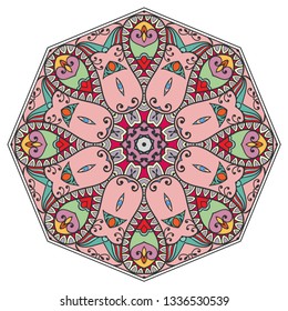 Mandala flower decoration, hand drawn round ornament, isolated design element on a white background. Vector geometric floral pattern. Tribal ethnic fashion motif for paper, textile, cloth fabric print