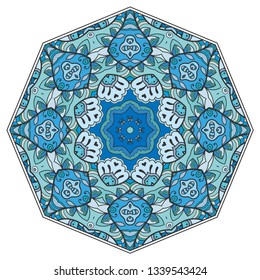 Mandala flower decoration, hand drawn round ornament, isolated design element on a white background. Vector geometric floral pattern. Tribal ethnic fashion motif for paper, textile, cloth fabric print